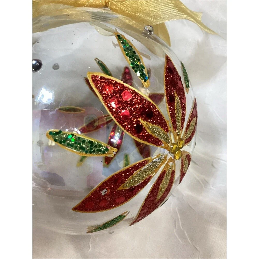 Hand-Blow & Painted Poinsettia  Art Glass Christmas Ornament Set Glitter & Gold